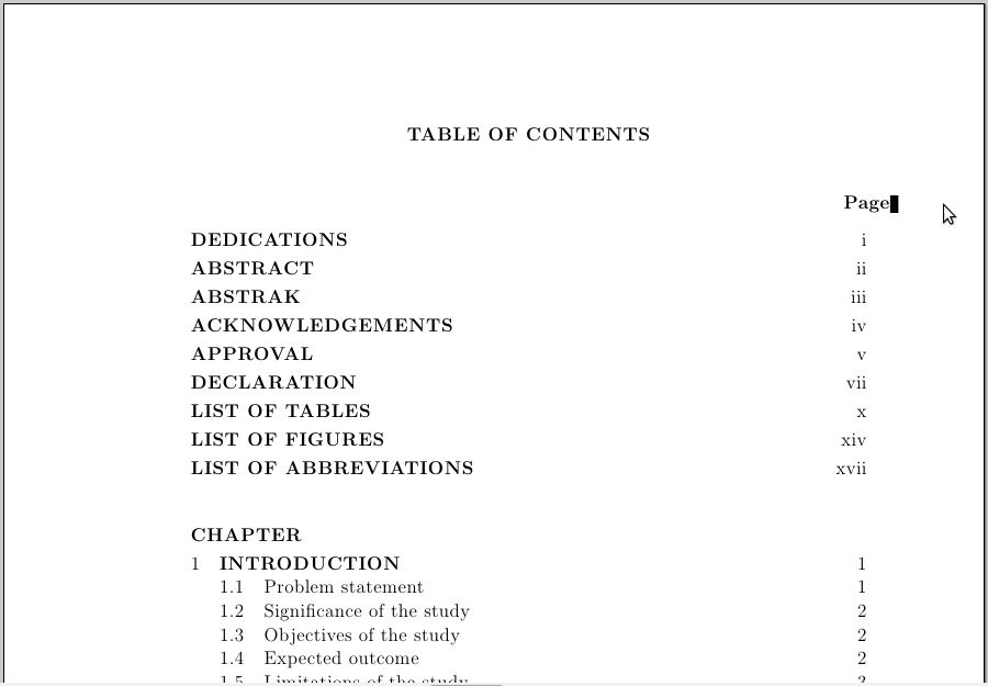 Latex thesis list of tables